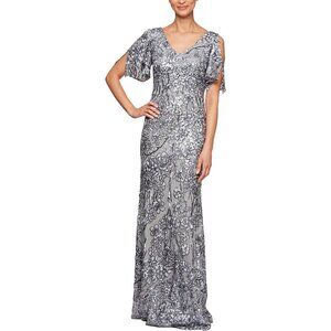 Women's Sequin Stretch Lace Cold Shoulder Gown